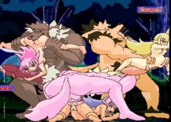 3boys 3girls 69_position against_wall anal_sex animated blonde_hair brown_fur carrying_partner cum_drip eluku fairy_fighting forest group light-skinned_female light-skinned_male light_skin on_the_ground orgy outside_sex party_wipe pink_fur pink_hair pixel_art purple_hair rape stand_and_carry_position standing_69 tiki_(fairy_fighting) vaginal_penetration werewolf