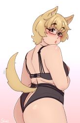 1girls ass big_ass blonde_hair blush brown_eyes chubby dog_ears dog_girl dog_tail female female_only glasses lingerie looking_at_viewer looking_back rear_view short_hair slimii thick_thighs