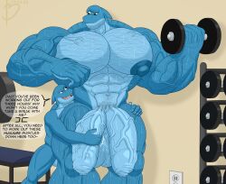 2_penises abs anthro balls bayron_(artist) bayron_(character) biceps big_balls big_muscles big_penis bodily_fluids body_hair chest_hair dialogue diphallia diphallism dumbbell duo english_text exercise eye_contact father father_and_child father_and_son fish flaccid genitals gideon_(bayron) hand_on_leg hand_on_penis hand_on_thigh hi_res huge_balls huge_cock huge_muscles hyper hyper_balls hyper_genitalia hyper_muscles hyper_penis looking_at_another male male/male male_only marine multi_genitalia multi_penis muscular muscular_anthro muscular_male muscular_thighs nude parent parent_and_child pecs penis shark size_difference slim son speech_bubble sweat text vein weightlifting weights workout