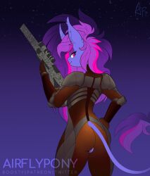 2020 2022 2024 airfly-pony anthro ass bedroom_eyes clothing cosplay costume curved_horn digital_media_(artwork) equid equine eyeshadow fallout fangs female fingers genitals gun hair hi_res horn hybrid long_hair long_tail looking_back makeup mammal microsoft miranda_(airfly-pony) multicolored_hair mythological_creature mythological_equine mythology narrowed_eyes purple_body purple_eyes pussy ranged_weapon reptile scalie seductive smile smirk snake solo tail teeth unicorn unicorn_horn unicorn_tail weapon