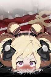 1boy 1girls big_penis black_bow blonde_hair blush blush_lines blushing cum_bubble cum_in_mouth cum_in_throat cum_inside cum_through_nose elise_(fire_emblem) fire_emblem fire_emblem_fates heart-shaped_pupils looking_at_viewer mizumizuni overflowing_cum purple_eyes purple_hair twintails two_tone_hair young