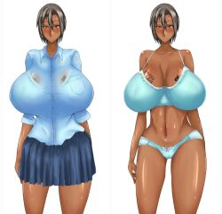 1girls before_and_after belly belly_button big_breasts blacked blush blushed bra bra_visible_through_clothes breasts breasts_bigger_than_head chest_tattoo clothed color dark-skinned_female dark_skin embarrassed female female_focus female_only gal grey_hair gyaru hi_res highres huge_breasts japanese large_breasts masuo_mori only_female original original_character panties qos qos_tattoo queen_of_spades queen_of_spades_symbol queen_of_spades_tattoo school_uniform schoolgirl short_hair slut snowbunny solo solo_female standing tan_body tan_skin tattoo tattoo_on_arm thighhighs tight_clothing tomboy undressing