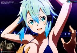 ai_generated arms_up asada_shino big_breasts blue_eyes blue_hair blush curvy curvy_figure dancing e grabbing grabbing_breasts hair_ornament juanpiamvs money night open_mouth patreon patreon_username pole pole_dancing public sinon smiling subscribestar subscribestar_username sword_art_online watermark