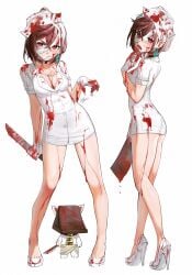 ayase_momo big_breasts blood breasts brown_hair dandadan female female_only gloves knife nurse nurse_(silent_hill)_(cosplay) nurse_clothing nurse_uniform petite petite_body pyramid_head_(cosplay) red_eyes silent_hill skinny smaller_female solo solo_female turbo_granny_(dandadan) waligner yandere