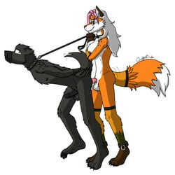 1boy 1girls anal anal_sex anthro ball bondage breasts canine carrie collar concession fishnet fox fur furry futa_on_male futanari glasses green_eyes hair intersex joel leash penetration penis pink_hair quetzadrake side_view white_hair wolf