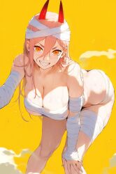 ai_generated athletic_female bare_thighs big_breasts blonde_hair chainsaw_man demon_girl halloween horn horns huge_breasts huge_thighs large_breasts light-skinned_female light_skin long_hair looking_at_viewer mummy mummy_costume mummy_wrappings oiled_body oiled_skin orange_eyes power_(chainsaw_man) sharp_teeth shounen_jump smiling solo_female squatting sweat sweatdrop tarte_(artist) thick_thighs thighs voluptuous voluptuous_female