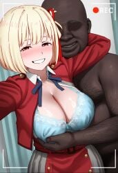 1boy 1boy1girl 1girl ai_generated bra cheating cheating_girlfriend dark-skinned_male faceless_male female grabbing grabbing_from_behind grin groping hairy_male interracial lycoris_recoil netorare nishikigi_chisato open_clothes recording straight waroffree