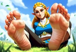 1girls ai_generated barefoot big_feet blonde_hair blue_eyes clothed_female clouds dirty_feet feet foot_fetish foot_focus grass looking_down offering_to_viewer outdoors outside pov pov_feet princess_zelda sitting_on_ground smile smiling smirk soles su_whore_(artist) the_legend_of_zelda toes wrinkled_feet wrinkled_soles