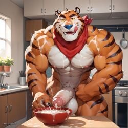 1boy ai_generated anthro balls bara big_balls big_muscles big_nipples big_penis bowl breakfast cum cumming cumshot daddy erect_nipples erection feline furry gay hairy hairy_male kellogg's kitchen looking_at_viewer male male_only milk muscles muscular muscular_anthro muscular_male nipples open_mouth penis raygarwolf tiger tony_the_tiger veiny_penis yaoi yifffurry