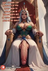 1futa 1futanari ai_generated big_balls big_breasts blue_eyes blue_hair cleavage cleavage_cutout curvy curvy_figure dialog dialogue elf elf_ears elf_futanari fantasy feet fit fit_futanari futa_only futa_penis futadom futadom_caption futanari heels high_heels hourglass_figure huge_balls huge_breasts huge_cock hyper_penis large_penis lifting_skirt light-skinned_futanari light_skin luvnari massive_penis penis_to_the_knees precum precum_drip precum_string queen sitting sitting_on_chair skirt solo_futa thick thick_legs thick_thighs throne tight_clothes tight_clothing tight_fit veins veins_on_dick veiny veiny_penis