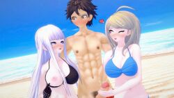 1boy 2girls 3d akamatsu_kaede beach blush bra_pull danganronpa danganronpa_2:_goodbye_despair ffm_threesome handjob hinata_hajime imminent_sex imminent_threesome kirigiri_kyouko koikatsu large_penis multiple_girls new_danganronpa_v3 nip_slip nipples threesome tongue_out wink