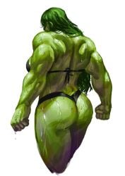 1girls athletic_female back_view big_ass black_bra black_panties black_thong bra butt dat_ass dress green_eyes green_hair green_skin jennifer_walters long_hair looking_at_viewer looking_back looking_over_shoulder marvel marvel_comics muscular_arms muscular_back muscular_female painting_(artwork) she-hulk sideboob simple_background sweat sweatdrop sweaty tagme thong virgoart1509 white_background