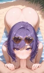 ai_generated ass ass_up beach blush eyewear_on_head fellatio female leg legs_up lying_on_stomach naked nude ocean oral original_character pov purple_eyes purple_hair sucking_penis sunglasses