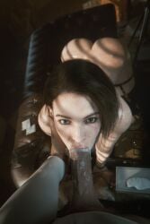 ass ass_focus blowjob breasts capcom ceeeeekc completely_naked completely_naked_female completely_nude completely_nude_female female female_focus female_only green_eyes jill_valentine jill_valentine_(sasha_zotova) light-skinned_female light_skin oral oral_penetration oral_sex resident_evil resident_evil_3_remake sucking_penis sucking_penis_tip tissue_box tissues