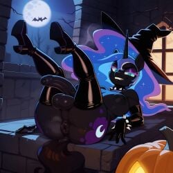 ai_generated anthro anus balls black_lipstick black_penis breasts collar futanari halloween latex legs_in_air lying_on_back my_little_pony nightmare_moon_(mlp) penis ponut pony princess_luna_(mlp) spiked_bracelet thighhighs