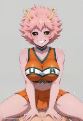 1boy 1girls ai_generated black_eyes boku_no_hero_academia clitoris cowgirl_position looking_at_viewer mina_ashido monsterssyrup my_hero_academia no_panties pink_body pink_hair pink_skin short_hair watermark yellow_eyes