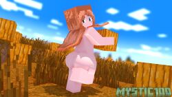 big_ass big_booty big_butt female female_only green_eyes looking_at_viewer looking_back mine-imator minecraft mystic100 naked naked_female nude nude_female orange_hair pumpkin wind windy