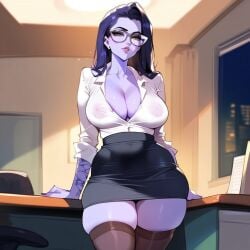 2d ai_generated cleavage colored_skin female female_focus female_only glasses indoors long_hair office office_lady overwatch pencil_skirt shirt skirt solo solo_female solo_focus tagme white_shirt widowmaker