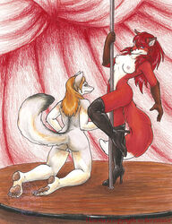 2010 anthro blonde_hair blue_eyes breasts canine curiodraco dancing ear_tufts female fox fur furry green_eyes grey_fox hair hindpaw looking_at_viewer nude pawpads plantigrade pole pole_dancing pussy raised_tail red_fox red_hair stage stripper tail