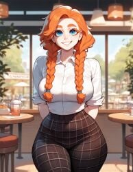 1girls ai_generated big_ass big_breasts blue_eyes braid braided_hair curvy curvy_figure cute cute_face freckles light-skinned_female light_skin melony_(xandr) red_hair schoolgirl shirt thick thick_ass thick_legs thick_thighs twin_braids xandr young younger_female