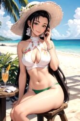 ai_generated beach bikini black_hair breasts chizuru_kagura female_only hairband huge_breasts king_of_fighters large_breasts long_hair pale-skinned_female pale_skin smile snk voluptuous_female