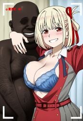 1boy 1boy1girl 1girl ai_generated arm_around_neck bra cheating cheating_girlfriend dark-skinned_male faceless_male female grin hairy_male interracial large_breasts lycoris_recoil netorare nishikigi_chisato open_clothes recording straight waroffree