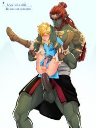 blonde_hair boner boots breath_of_the_wild cum cum_in_ass cum_inside erection full_nelson ganondorf ganondorf_(tears_of_the_kingdom) gay gloves green_body green_skin lawwclair light-skinned_male light_skin link link_(breath_of_the_wild) male male_only red_hair ripped_pants size_difference the_legend_of_zelda