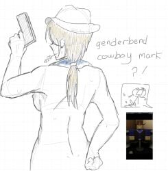 2girls :3 back_view bandana breasts cow_girl digital_media_(artwork) ear_piercing earrings girl_only gun hair_bun hair_covering_eye hair_tied_back hat hips holding_object mannequin_mark_(regretevator) muscular_female naked_female regretevator rule_63 siahatelife tits_out wallter_(regretevator) white_board