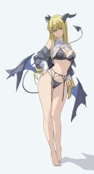 1girls aiz_wallenstein alternate_costume barefoot blonde_hair bra demon_tail dungeon_ni_deai_wo_motomeru_no_wa_machigatteiru_darou_ka female_focus female_only hand_on_hip horns smiling thong wings yellow_eyes