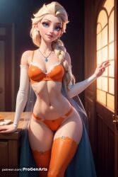 1girls ai_generated artist_name bare_shoulders blonde_hair blue_eyes bow bra braid breasts cleavage collarbone detached_sleeves disney disney_princess earrings elsa_(frozen) female frozen_(film) frozen_2 hair_over_shoulder hi_res indoors jewelry lingerie lips long_hair looking_at_viewer makeup medium_breasts navel necklace orange_bra orange_lingerie orange_panties orange_stockings orange_thighhighs panties parted_lips patreon_username progenarts see-through single_braid smile solo stockings stomach thigh_gap thighhighs underwear underwear_only window