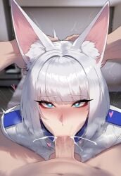 1boy 1boy1girl 1girls absurd_res ai_generated animal_ears azur_lane bikesuit bodysuit clothed_female_nude_male cum cum_in_mouth cum_overflow fellatio fox_ears fox_girl grabbing_another&#039;s_head hand_on_head head_grab heart-shaped_pupils huge_cock kaga_(azur_lane) kitsune liu_(artist) looking_at_viewer looking_pleasured on_bed oral pov saliva skin_tight straight