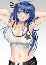 1girls arknights arms_behind_head arms_up big_breasts blue_eyes blue_hair breasts cleavage collarbone female female_focus female_only gradient_background grey_background halo hi_res horns large_breasts long_hair looking_at_viewer mostima_(arknights) navel open_mouth orste shorts simple_background smile solo solo_female solo_focus sports_bra sweat tongue wet wet_body wet_clothes wet_skin white_background