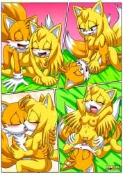 1boy 1girls anthro ass bbmbbf blush breast_grab breasts comic cunnilingus dialogue female french_kiss kissing let_me_love_you_(comic) male male/female miles_prower mobian_(species) mobius_unleashed navel nipples oral oral_sex palcomix penetration pussy sega sex sonic_(series) sonic_boom sonic_the_hedgehog_(series) speech_bubble tails tails_the_fox vaginal_penetration vaginal_sex zooey_the_fox