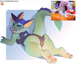 2024 ass black_eyes black_swimsuit blue_background blue_body blue_skin breasts cameltoe eeveelution feet female female_focus female_only furry looking_at_viewer looking_back nintendo one-piece_swimsuit pokemon pokemon_(species) strawberry_lynx swimsuit thick_thighs thighs vaporeon white_background