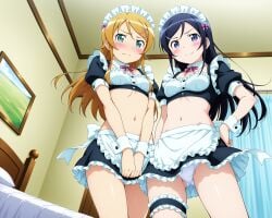 2girls ai_generated aragaki_ayase blonde_hair blue_eyes blush female_focus female_only kousaka_kirino lesbian_sex maid maid_headdress maid_outfit maid_uniform ore_no_imouto_ga_konna_ni_kawaii_wake_ga_nai yuri