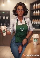 1girls ai_generated barista brown_hair coffee coffee_cup coffee_shop cute detailed dickgirl flaccid flaccid_cock flaccid_penis futa_only futanari futaparadise glasses hi_res highres looking_at_viewer penis penis_out solo starbucks testicles unzipped