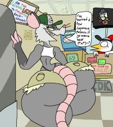 1boy 1girls adult_swim american_opossum anthro aqua_teen_hunger_force ass avian avian_humanoid bird blue_eyes cap cartoon_network chicken english_text female femboy furry gassy's_gas_'n_stuff gilbert_(gassy's_gas_'n_stuff) grey_fur hat hips hyper_ass karla_(gassy's_gas_'n_stuff) lenny_face male male_focus master_shake opposum seductive seductive_look seductive_smile short_shorts shorts text thatdawgmurray thick_thighs thighs thong wide_hips yellow_sclera