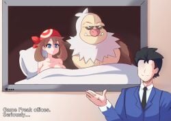 after_sex bed big_breasts blue_eyes brown_hair game_freak generation_3_pokemon may_(pokemon) nintendo no_sex nyasplush pokemon pokemon_(species) pokemon_rse pokephilia slaking ugly_bastard