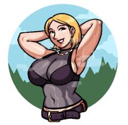 1girls armpits arms_up beauty_(pokemon) beauty_(pokemon_rse) big_breasts female female_focus female_only human human_only light-skinned_female light_skin lipstick nintendo npc_trainer pokemon pokemon_rse royalmilk20 see-through_top solo solo_female sweat tagme