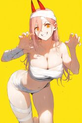 ai_generated athletic_female bare_thighs big_breasts blonde_hair chainsaw_man halloween horn horns huge_breasts huge_thighs large_breasts light-skinned_female light_skin long_hair looking_at_viewer mummy mummy_costume mummy_wrappings oiled_body oiled_skin orange_eyes power_(chainsaw_man) sharp_teeth shounen_jump smiling solo_female squatting sweat sweatdrop tarte_(artist) thick_thighs thighs voluptuous voluptuous_female