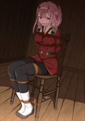 1girls arms_behind_back arms_tied_behind_back bondage boots captured_heroine chair_bondage cleave_gag crotch_rope cyan_eyes darling_in_the_franxx fringe_hair gag gagged hair_bondage horns kidnapped pink_hair red_horns red_sclera red_uniform restrained rope_between_breasts zero_two_(darling_in_the_franxx)