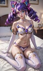 ai_generated blue_eyes bra gwen_(league_of_legends) heterochromia league_of_legends legends_of_runeterra lingerie panties pink_eyes purple_hair riot_games star_guardian_gwen star_guardian_series thighhighs