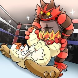 2018 absurd_res anthro anthro_on_anthro anthro_penetrated anthro_penetrating anthro_penetrating_anthro balls blush bodily_fluids body_hair chesnaught chest_hair cum cum_inside cum_on_self cum_while_penetrated duo fight fight_ring fighting gay generation_6_pokemon generation_7_pokemon genital_fluids genitals hi_res holding_both_legs humanoid_genitalia humanoid_penis incineroar looking_at_another lying male male/male male_penetrated male_penetrating male_penetrating_male nintendo nude on_back orgasm penetration penis piledriver_position pokemon pokemon_(species) raburigaron sex signature simultaneous_orgasms sweat