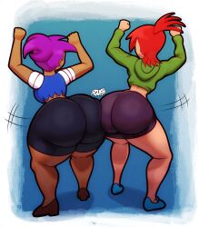 2girls arms_up ass ass_focus ass_to_ass big_ass booty bottom_heavy bubble_butt clothing crossover dark-skinned_female dark_skin dat_ass enid fat_ass female female_only foster's_home_for_imaginary_friends frankie_foster huge_ass jacket large_ass light-skinned_female light_skin massive_ass n-kosi n-kosi_(coloring) ok_k.o.!_let's_be_heroes png purple_hair rear_view red_hair shirt shoes shorts skirt thick_ass thick_thighs wide_hips