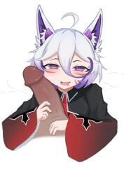 1boy 1girls animal_ears aroused dark-skinned_male dark_skin drooling indie_virtual_youtuber looking_at_viewer male_pov nun nun's_habit open_mouth penis penis_against_face pov purple_eyes purple_hair raya_riot simple_background ssrfex virtual_youtuber white_background wolf_ears wolf_girl