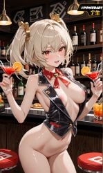 ai_generated almost_naked bar_background bartender black_jacket blonde_hair blush breast breasts burnice_white cocktail digital_drawing_(artwork) double_ponytail female heart japanese_text looking_at_viewer navel nipple_slip nipples no_panties open_mouth pink_nipples poncedart pussy red_eyes sex_word shaved_pussy slim_girl sweat twintails twitter_username two_side_up uncensored undressing zenless_zone_zero