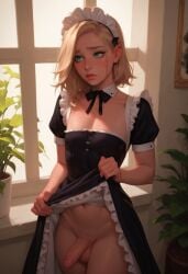 1boy 1femboy ai_generated clothes_lift crossdressing erection femboy maid original otoko_no_ko penis revenge623 solo testicles trap window