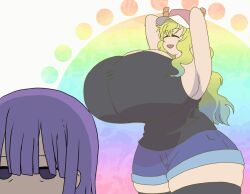 1boy 1girls animated arms_behind_head big_breasts blonde_hair bloxwhater blush bouncing_breasts breasts closed_eyes dragon huge_breasts jean_shorts kobayashi-san_chi_no_maidragon large_breasts magatsuchi_shouta miss_kobayashi's_dragon_maid no_sound open_mouth purple_hair quetzalcoatl_(dragon_maid) stockings tank_top