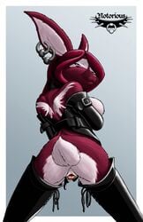 anthro anus boots breasts clitoris ear_piercing earring female from_behind fur furry lagomorph leather looking_at_viewer looking_over_shoulder notorious84 nude piercing presenting pussy rabbit raised_tail sideboob solo spread_pussy spreading tail