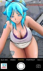 alera_kaze anime_style belly big_breasts blue_eyes blue_hair bra breasts busty_female chubby_female clothing curvaceous curvy curvy_body curvy_female curvy_figure digital_drawing_(artwork) digital_media_(artwork) ecchi giga_milk gigantic_breasts guardian hentai huge_breasts huge_thighs kunoichi kylexkaidou mega_milk original original_artwork pinup ponytail pov pov_eye_contact selfie shorts tank_top tattoos thick_thighs thigh_gap thighs waifu